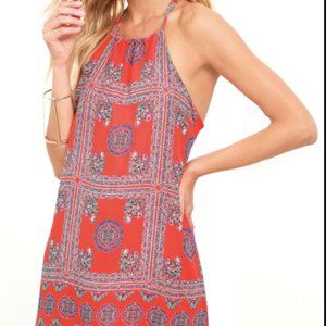 Social Philosophy Coral Red Print Halter Dress - SIZE MEDIUM